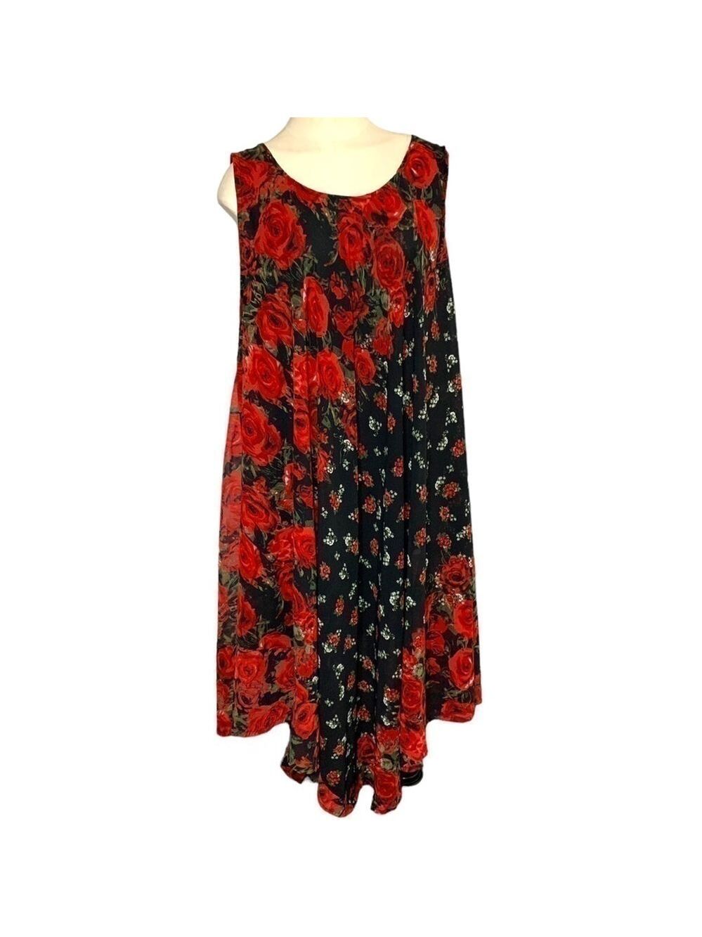 CROCUS Black Red Floral Chiffon Shift Dress Asymmetrical Lagen Look Free Size